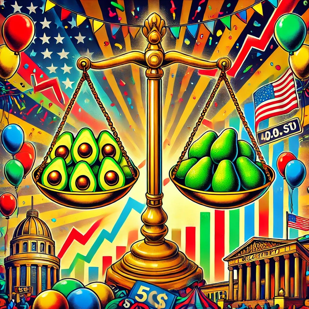 A vibrant pop-art style illustration titled 'Bidenflation: Economic Parties and Wall Street Moves.' The image features a golden balance scale at the center, with one side holding avocados symbolizing luxury and high prices, and the other side filled with fluctuating financial charts (green and red arrows). The background showcases a festive scene with balloons, streamers, and party lights contrasted by Wall Street-themed elements, including a stylized White House in the distance, and a celebratory bull and bear. The overall style is bold, dynamic, and colorful, evoking a sense of dramatic economic tension and celebration.