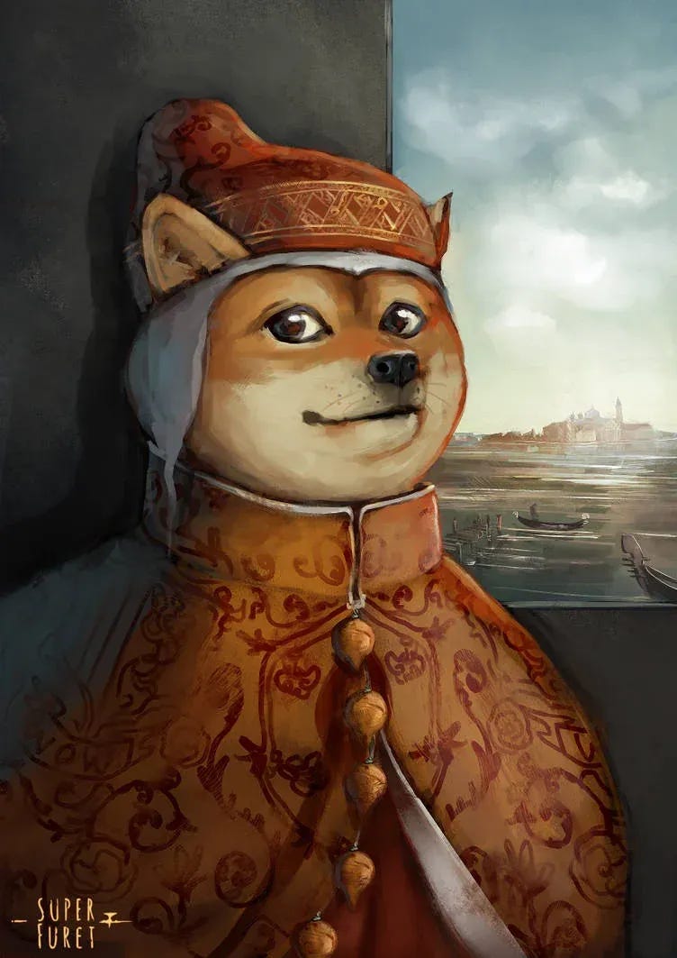 an artist image of the doge dog dressed as a venetian doge