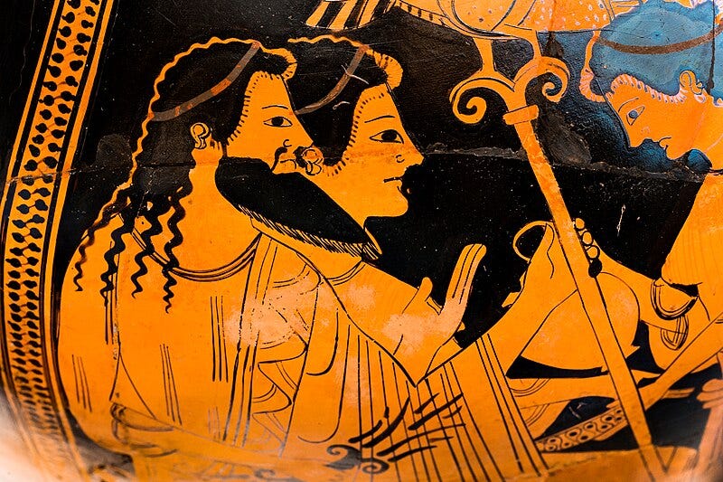 description: assembley of gods on mount Olympus: side A: Zeus with lighning bundle and Hera enthroned, Iris standing in front of them. Red figure vase