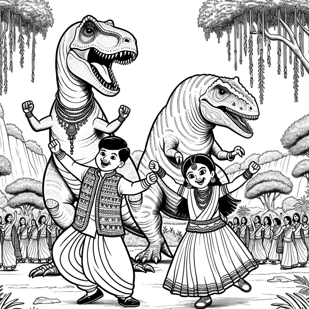 Black-and-white drawing suitable for coloring, where two children and a pair of dinosaurs, similar in size, joyfully perform the dandiya/garba dance. The backdrop is filled with the natural elements of the late cretaceous era, offering a blend of tradition and prehistoric ambiance.