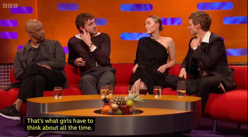 Denzel Washington, Paul Mescal, Saoirse Ronan and Edie Redmayne on the couch of the Graham Norton Show