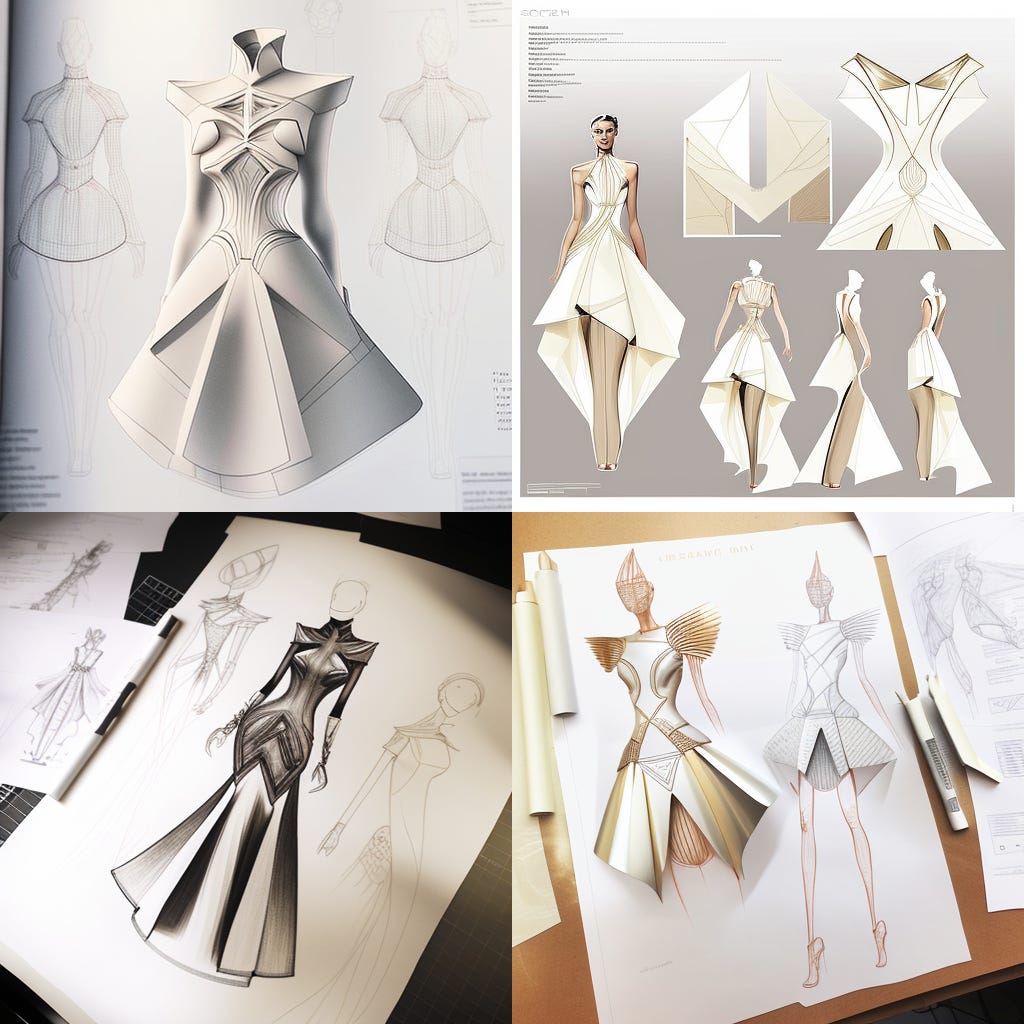 technical sketch for a futuristic Haute couture dress