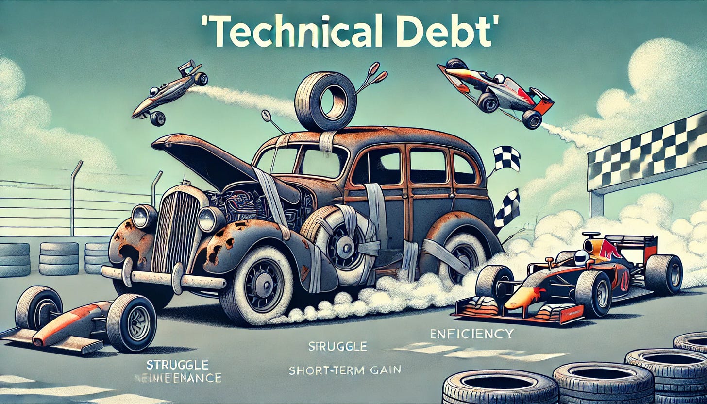 An illustrative analogy depicting 'technical debt' in software as an automotive scenario. Show an elegant vintage car, rusting and patched hastily with duct tape, trying to compete in a high-speed Formula 1 race. The car is clearly struggling, parts coming loose, smoke emerging, while sleek, modern race cars effortlessly speed ahead. Convey visually the struggle, inefficiency, and the consequences of neglecting maintenance for short-term gain.