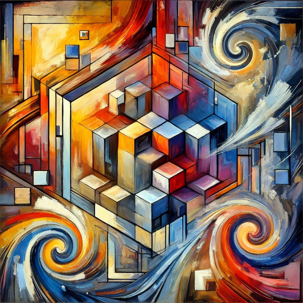An abstract painting representing the concept of existential risk from AI. The artwork features bold geometric shapes in contrasting warm and cool tones, symbolizing uncertainty and potential catastrophe. Swirling, chaotic brushstrokes convey a sense of dynamic movement, while layered color fields create depth and complexity. The composition balances structured elements with areas of spontaneity, reflecting the interplay between control and unpredictability. The painting has a vibrant, energetic feel, embodying the urgency of the topic while maintaining an abstract and playful aesthetic.