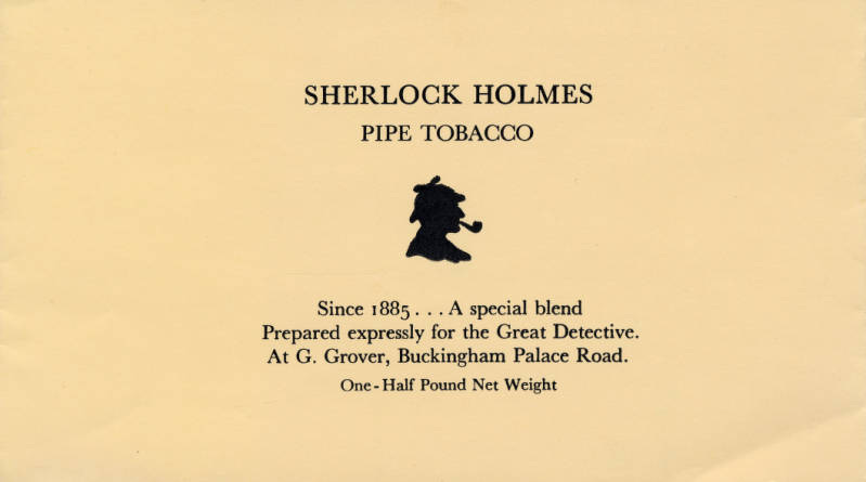 a lable for 'sherlock holmes pipe tobacco' with the figure of a man wearing a hat and smoking a pipe