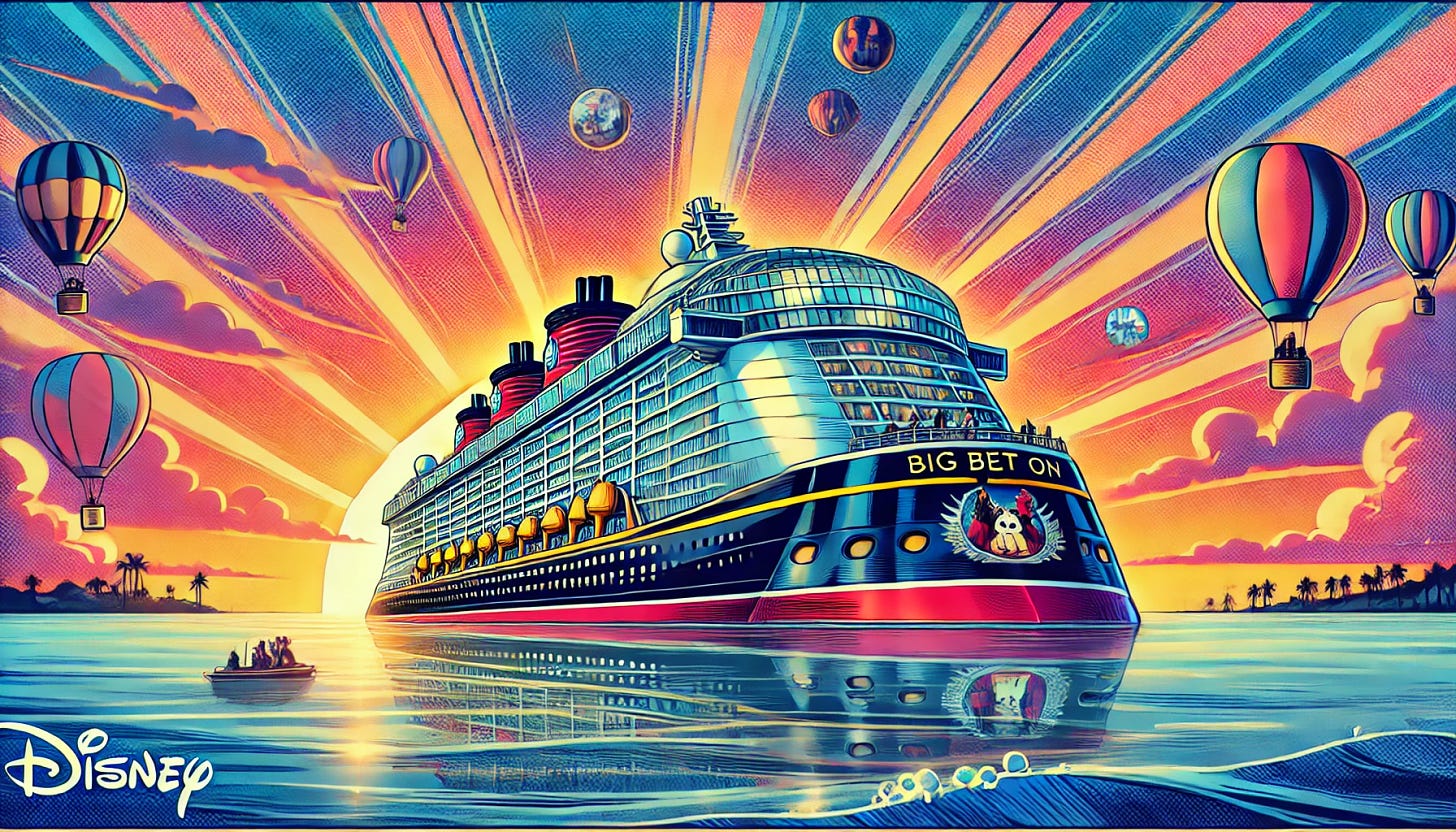 A vibrant, futuristic pop-art style illustration depicting Disney's big bet on cruise ships, in a 16:9 aspect ratio, with a focus on a luxurious and large cruise ship branded with Disney elements, set against an ocean backdrop with sunset. The scene should be colorful and dynamic, illustrating the concept of investment and adventure, with Disney characters subtly integrated, ensuring it captures the essence of Disney's expansion into the cruise industry. The image should be detailed and visually appealing, suitable for a financial or business newsletter discussing Disney's strategic moves.