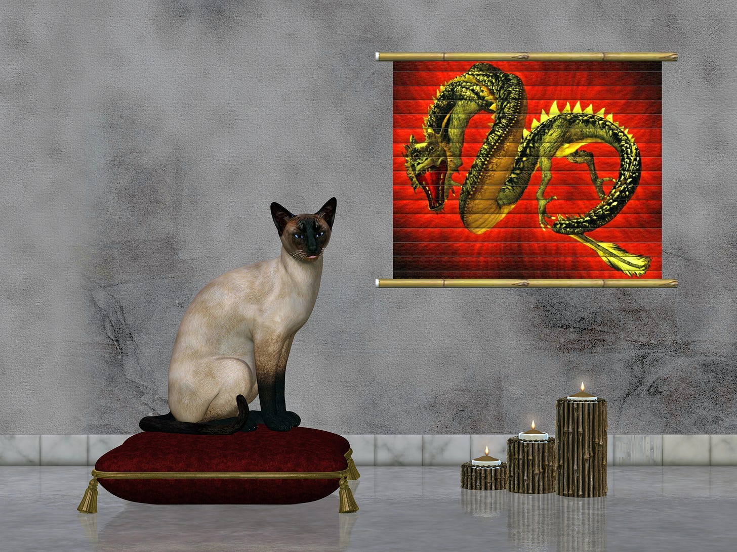 Siamese cat on a cushion beside a red banner featuring a dragon
