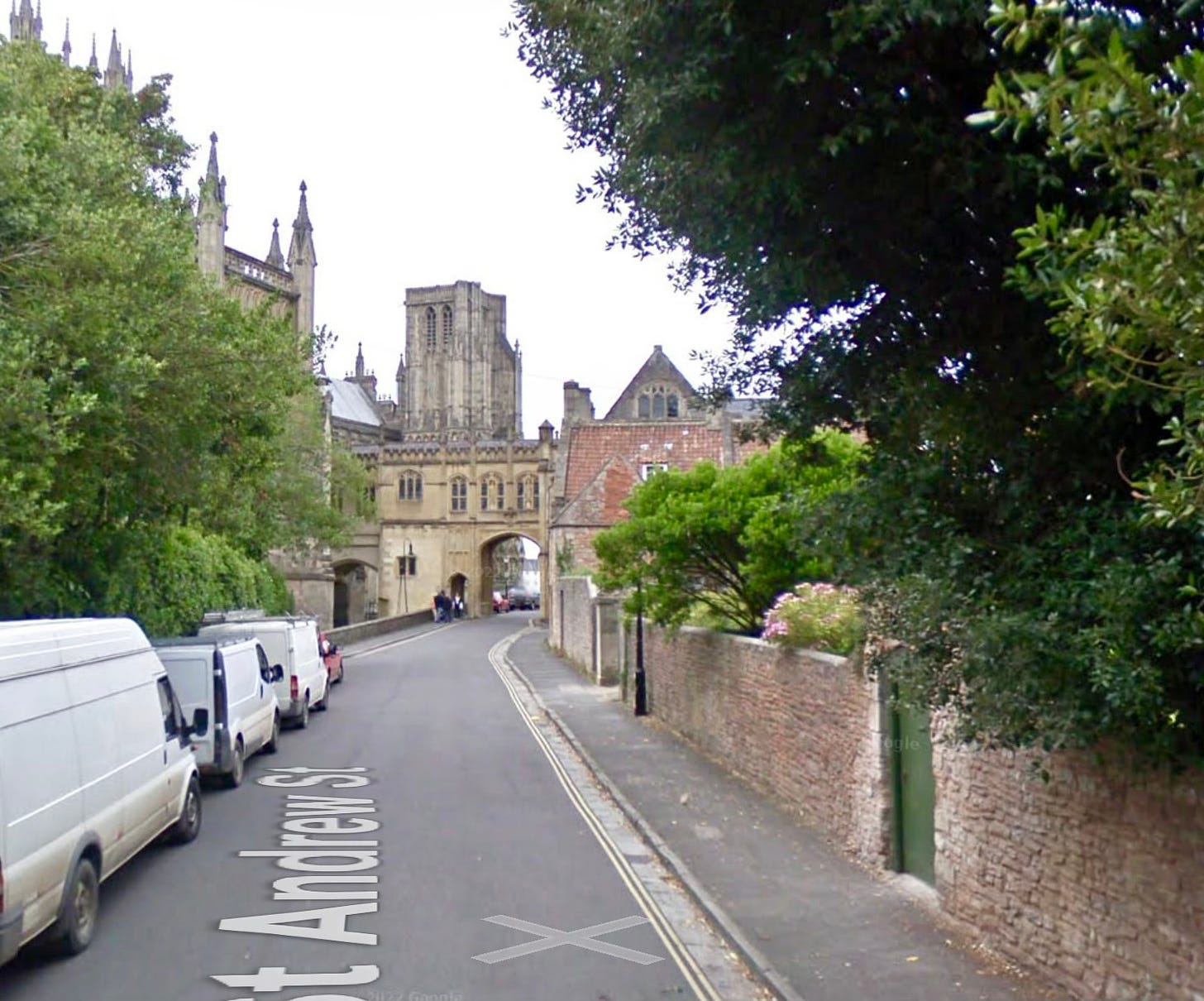 On St Andrew Street in front of Tower House. You can see from this perspective how Goudge would have experiences the separation between houses in Wells as a small child.