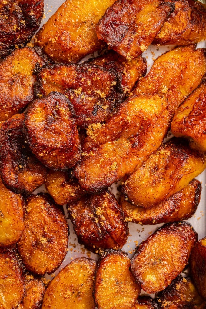 fried sweet plantains on small baking sheet