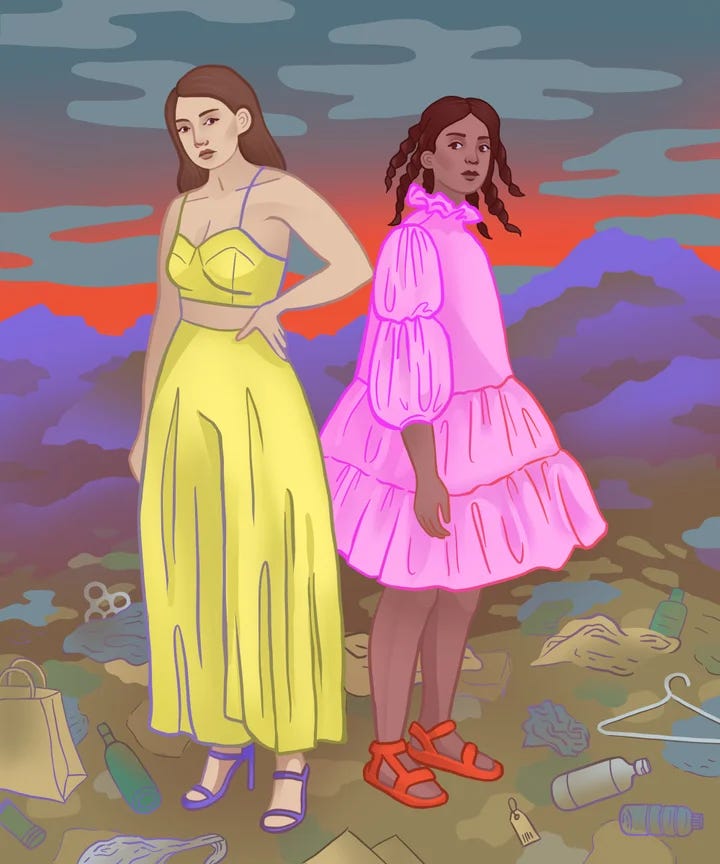 Illustration of two women surrounded by rubbish. 