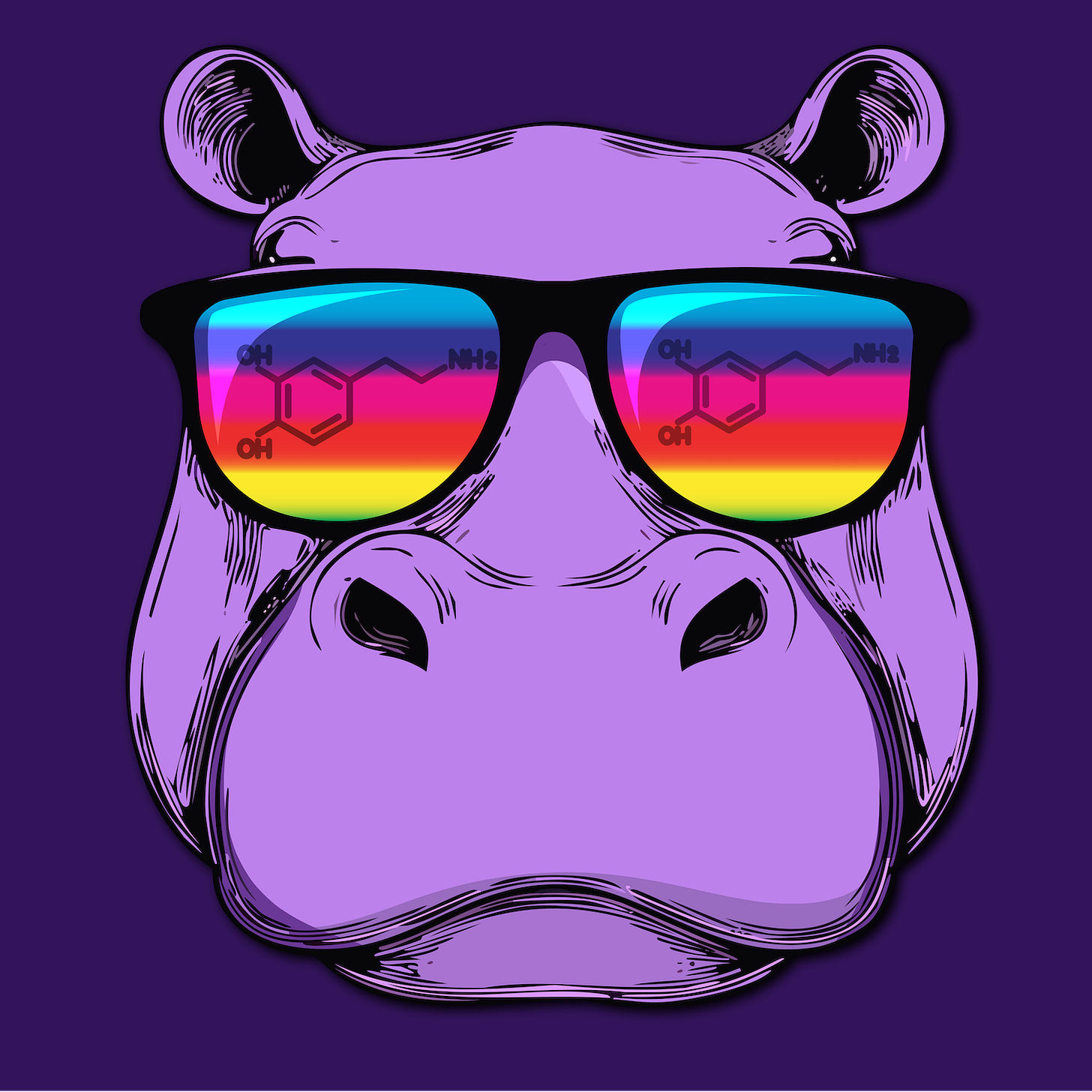 Digital art of a hippopotamus wearing rainbow sunglasses with the shadow of Dopamine in their reflection