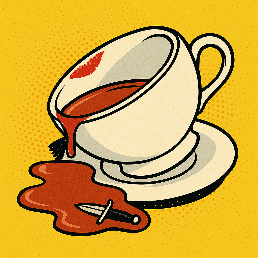 Quickie logo, tea cup spilling over with red lipstick on the rim and a dagger in the spillage.