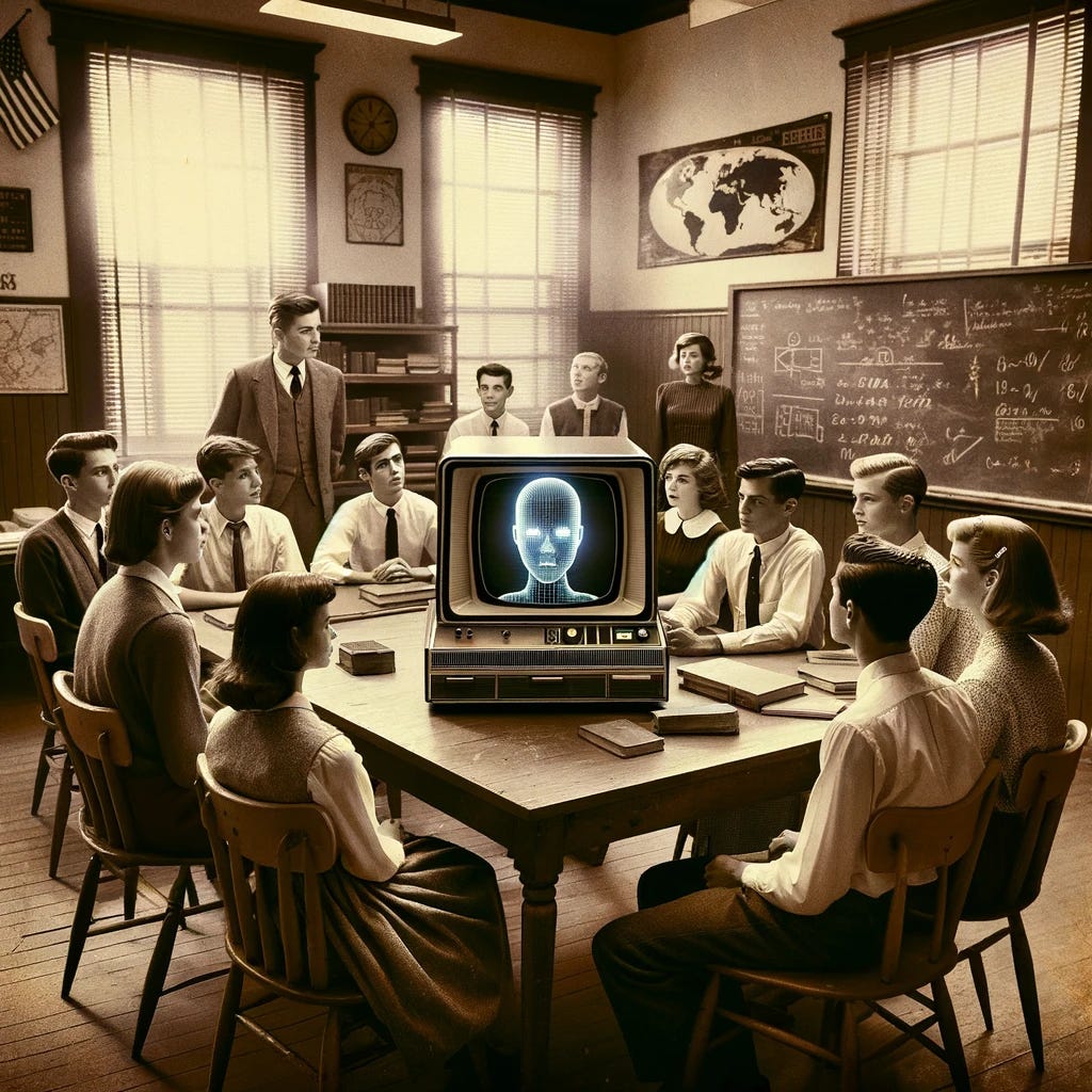 A grainy photo of a 1960s classroom with agroup of students sitting around a table look at a clunky old computer and monitor with a virtual head on the screen.