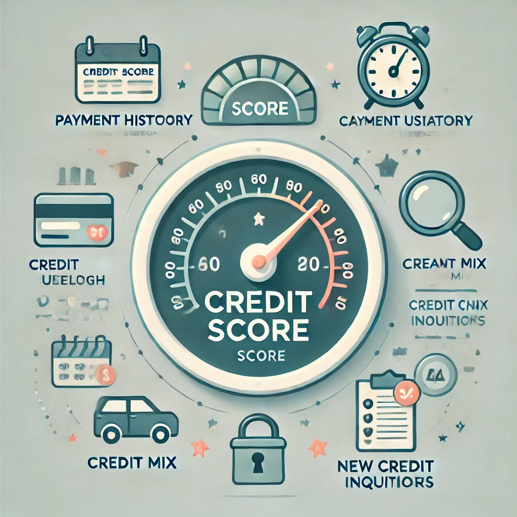 A simple and professional illustration focusing on the factors that affect a credit score. At the center is a large credit score gauge, ranging from poor to excellent, with arrows pointing to it. Surrounding the gauge are smaller icons representing key factors: a calendar for payment history, a credit card for credit utilization, a clock for credit length, different loan types for credit mix, and a document with a magnifying glass for new credit inquiries. The design should be clean, with soft colors and a calm, informative tone.