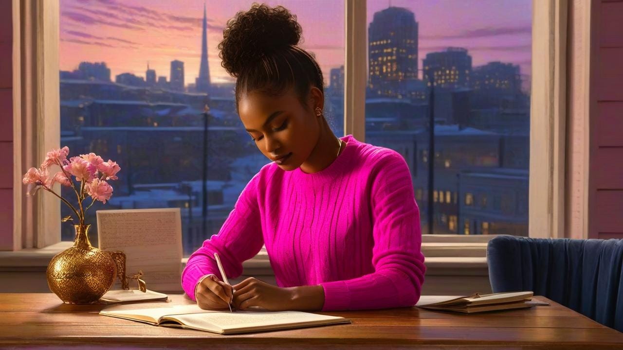 digital painting of a young Black woman wearing a hot pink cropped sweater, seated at a sunlit wooden table. the table's surface features embossed gold florals and visible woodgrain textures. her hands rest lightly on a journal, face softly blurred in shallow depth of field. a frosted window behind her reveals a dawn cityscape with amber streetlights merging into indigo twilight. warm sepia and magenta hues blend in Lisa Tourné's ethereal realism, 8K textural brushstrokes.