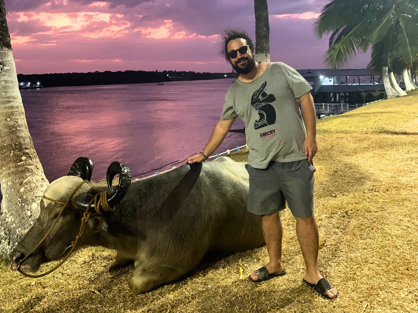 Homem alto, moreno e barbudo, com cabelo preso e óculos escuros, faz carinho num búfalo deitado à beira de um rio, com um pôr do sol róseo ao fundo