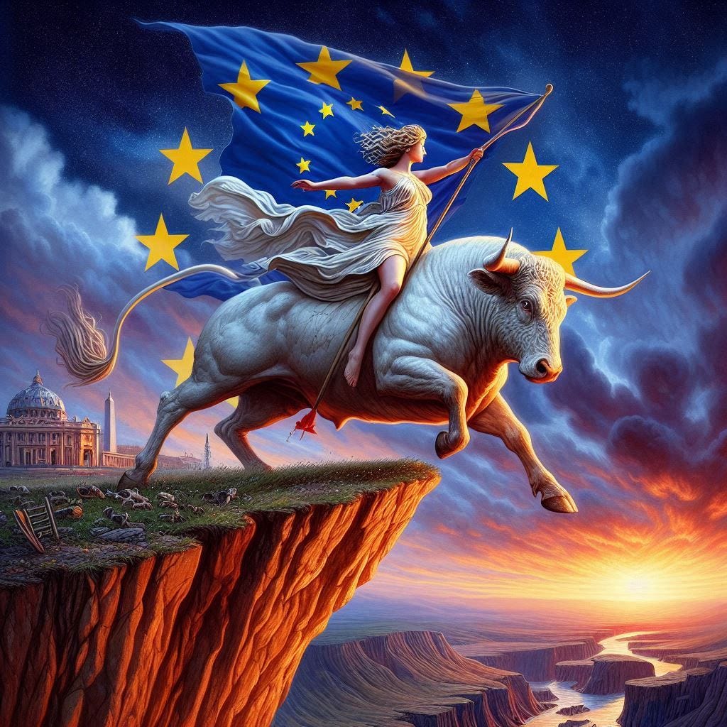 The Goddess Europe riding a white bull and carrying a EU flag runs toward a steep cliff down