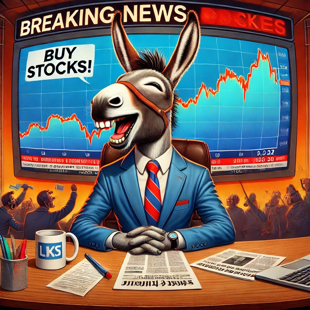 A satirical digital illustration of a donkey dressed in a suit and tie, sitting at a financial news desk, enthusiastically telling viewers to buy stocks as the market crashes behind him. The TV screen displays stock charts plunging into the red, while the donkey remains oblivious, smiling confidently. The background includes financial tickers, breaking news banners, and panicked investors. The scene is humorous and exaggerated, highlighting the absurdity of blind optimism in a downturn.