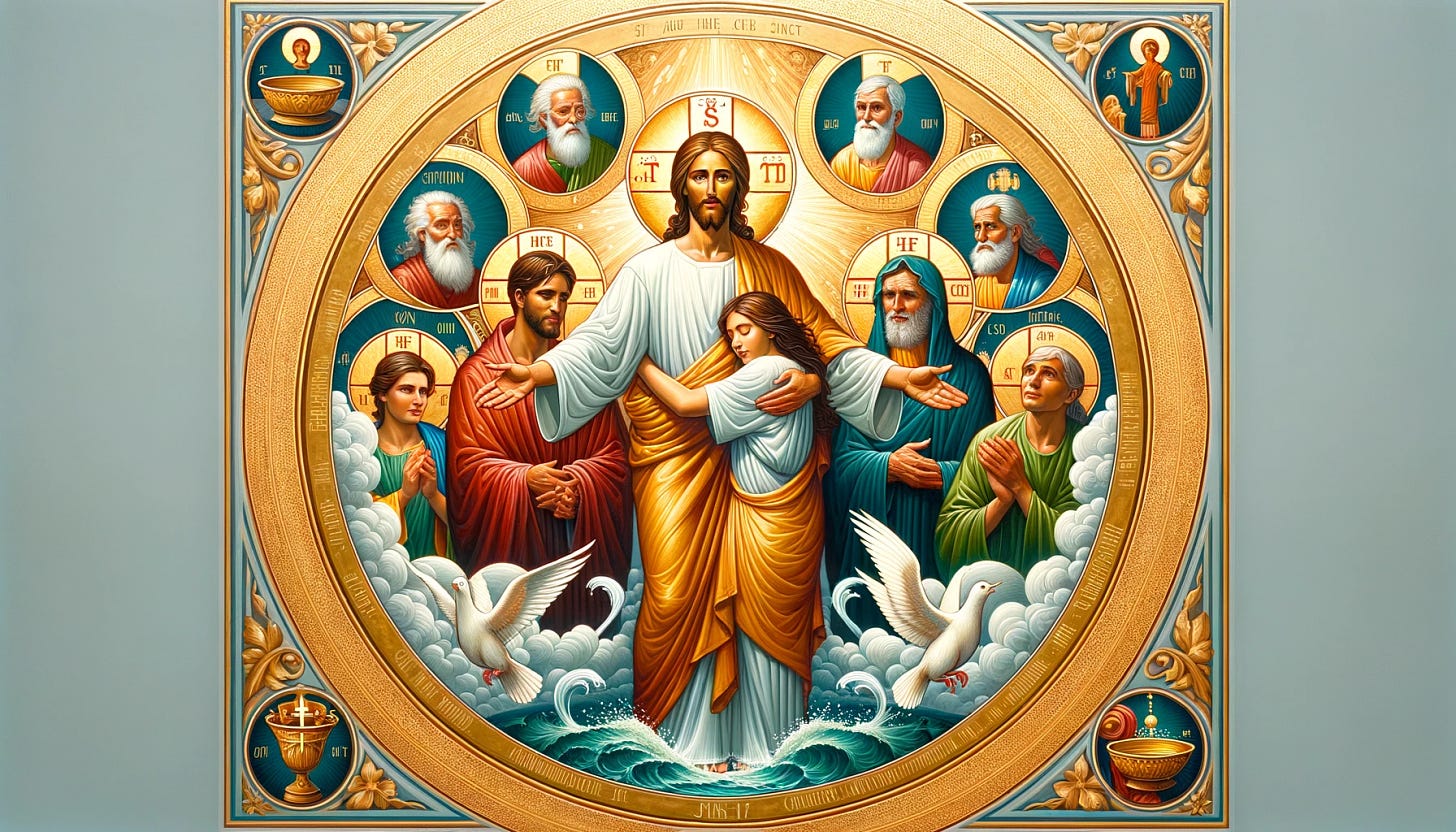 A traditional iconographic illustration inspired by John 3:16, focusing on the key themes mentioned in the blog post. Jesus Christ is depicted in a compassionate pose, embracing a diverse group of people representing the world. The background features a radiant, divine light symbolizing God's love, with gold accents typical of classical religious iconography. Elements of water and wind are subtly incorporated to signify spiritual rebirth. Above, a depiction of the Trinity (Father, Son, and Holy Spirit) in a harmonious circle, emphasizing divine nature and salvation. The image also includes symbols of new birth (such as a dove and baptismal font), spiritual insight (a gently blowing wind), and the contrast between light and darkness to signify judgment and condemnation. The style should be highly traditional, with rich colors, intricate details, and a sacred, timeless feel.
