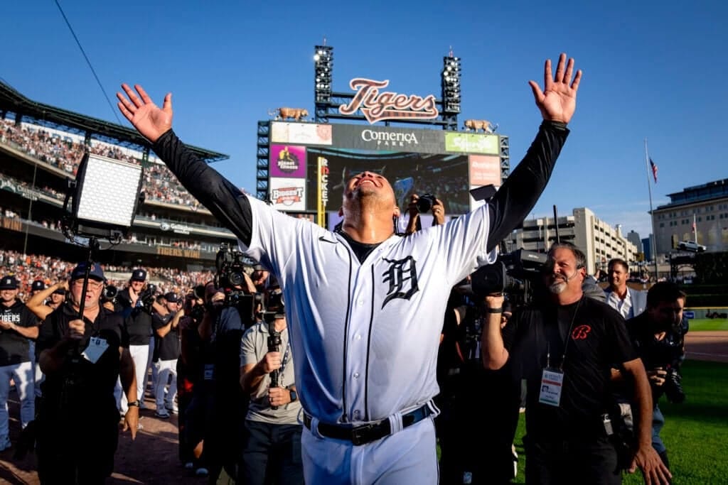 DETROIT, MICHIGAN - OCTOBER 01: Miguel Cabrera #24 of the Detroit Tigers reacts after his last game ever and win against the Cleveland Guardians at Comerica Park on October 01, 2023 in Detroit, Michigan. (Photo by Nic Antaya/Getty Images)