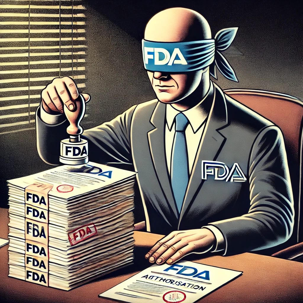 An illustration of a blindfolded FDA regulator wearing a suit, sitting at a desk with a stack of vaccine authorization papers. The regulator is holding a rubber stamp in one hand, pressing it onto the papers with an approving stamp mark visible. The papers have 'FDA' written on them. The room is dimly lit, suggesting a lack of transparency. The image conveys a sense of unawareness or lack of oversight in the authorization process.