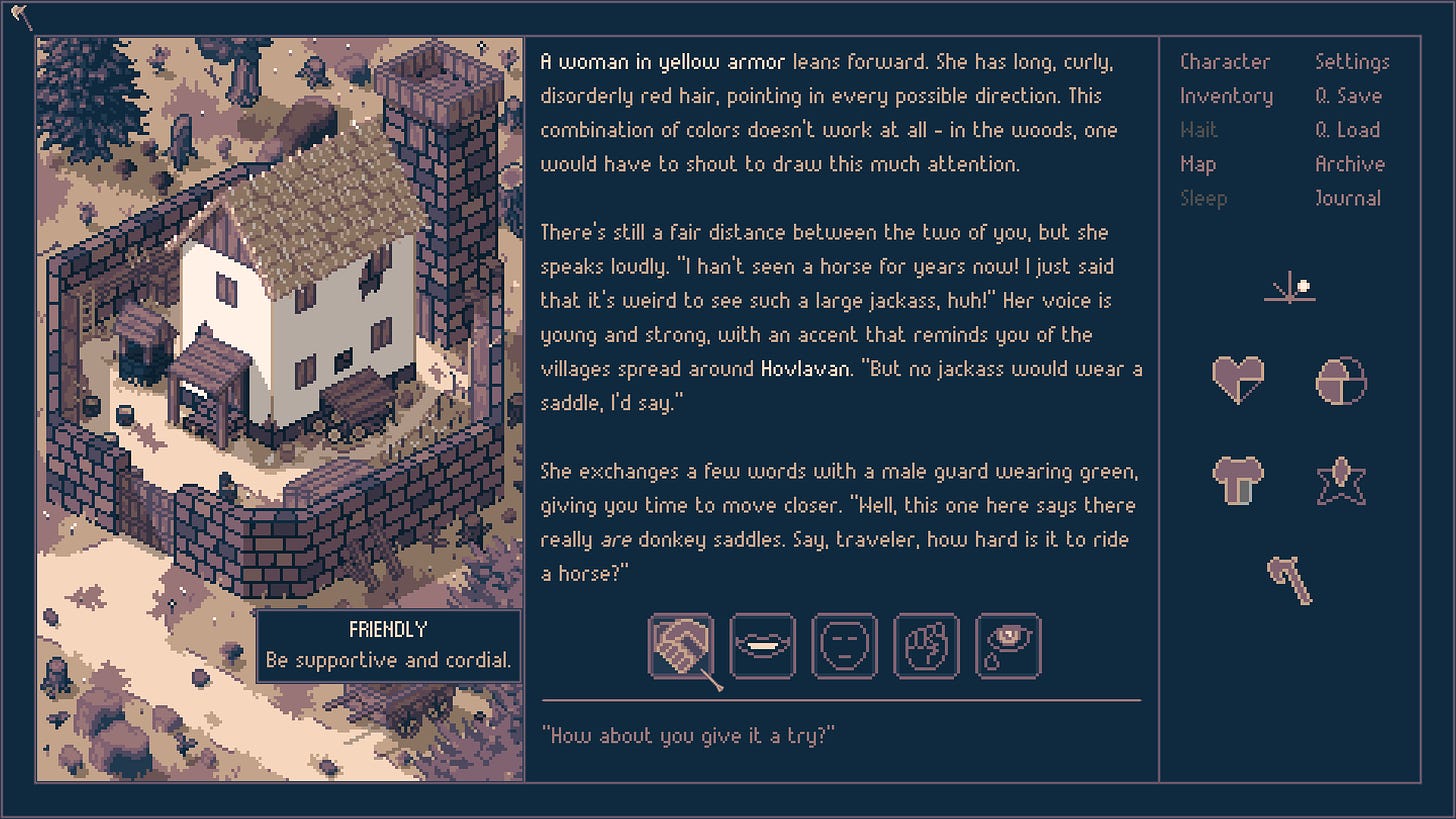 An illustration of a tiny walled settlement, with game dialog and choices, and your health stats