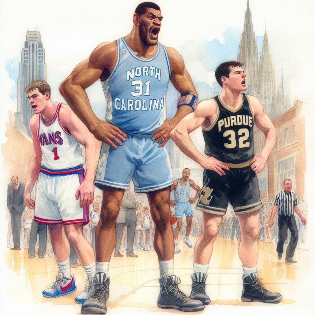 A giant in a North Carolina basketball uniform, with a giant in a Kansas Jayhawks uniform and another giant in a Purdue Boilermakers uniform behind him, watercolor