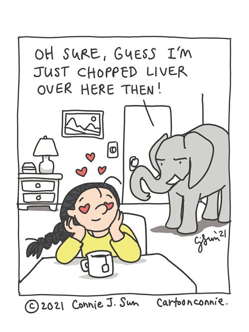 Illustration of a jealous elephant, elephant comic, sketchbook drawing humor by Connie Sun, cartoonconnie
