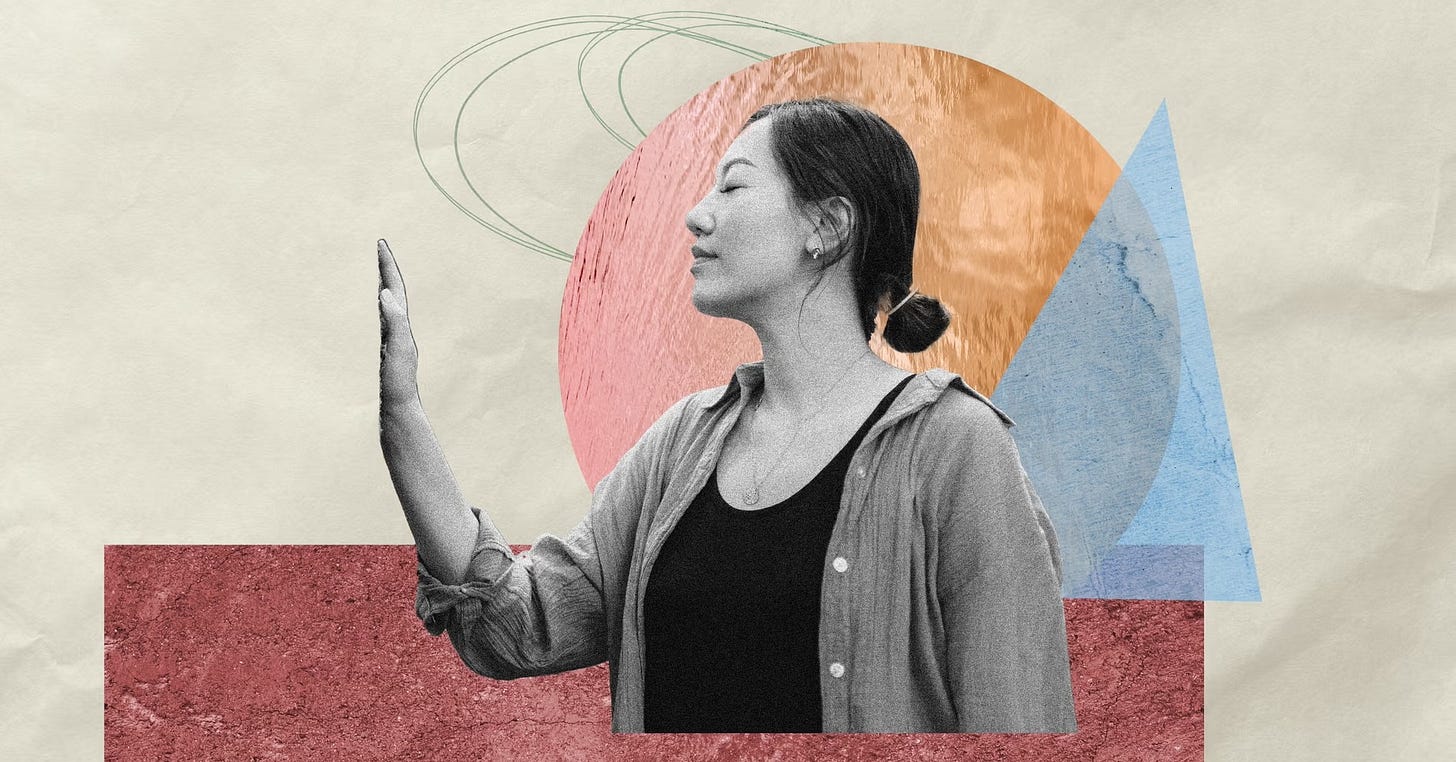 A woman reads her hand on an abstract background