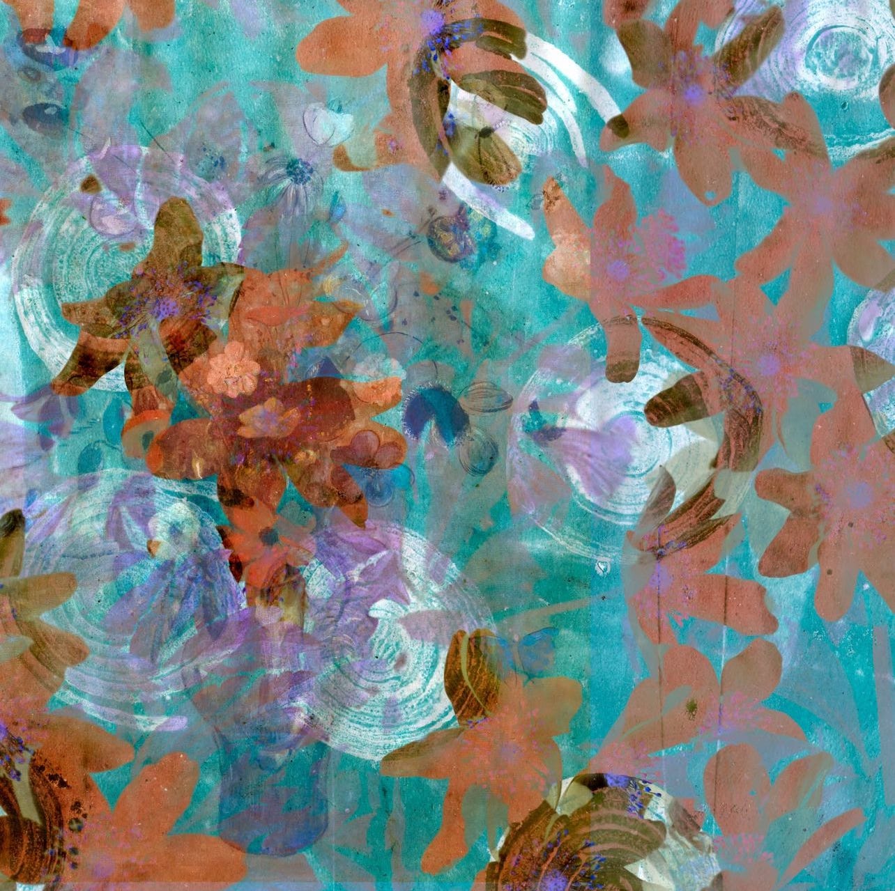 blue background with abstract orange flowers