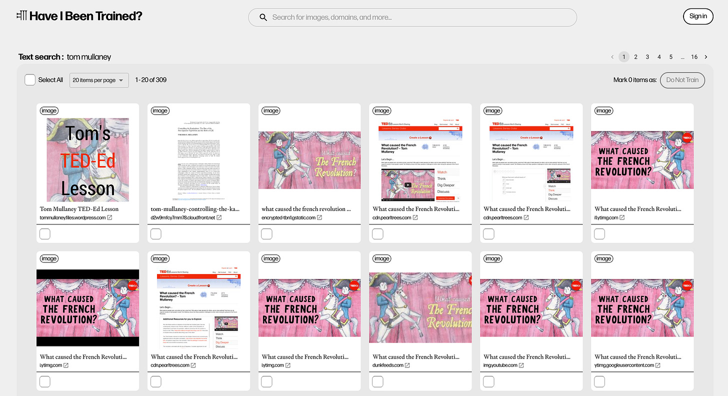 "Have I Been Trained" first page of results for the search term, "Tom Mullaney." 11 of the 12 visible results are pictures from the TED-Ed lesson, "What Caused the French Revolution?"