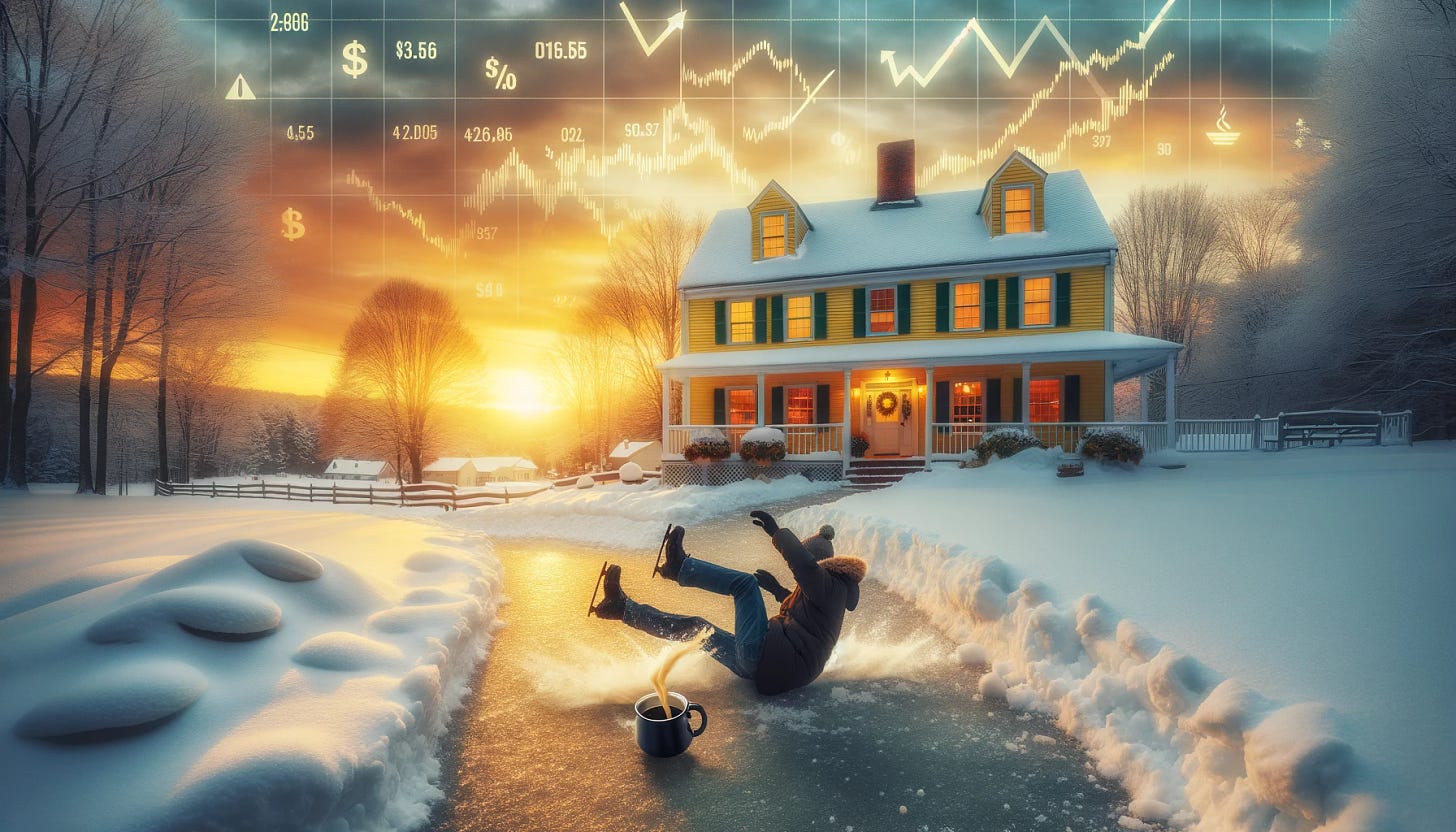 This winter New England scene, with a snow-covered backyard leading to a yellow colonial house, now captures the moment of sunrise, adding a warm, golden hue to the landscape. In the foreground, a person is accurately depicted falling backwards on ice, ensuring their legs and face are oriented correctly as they lose grip on a pot of coffee, which is spilling in mid-air. The sky above remains filled with symbols of options, trading, and volatility, such as stock market graphs, dollar signs, and fluctuating arrows, set against the early morning light.