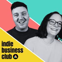 Yellow, turquoise and coral background with black and white pictures of Mel and Ben. Indie business club is written in the bottom left and there's a triangle within a circle logo. 