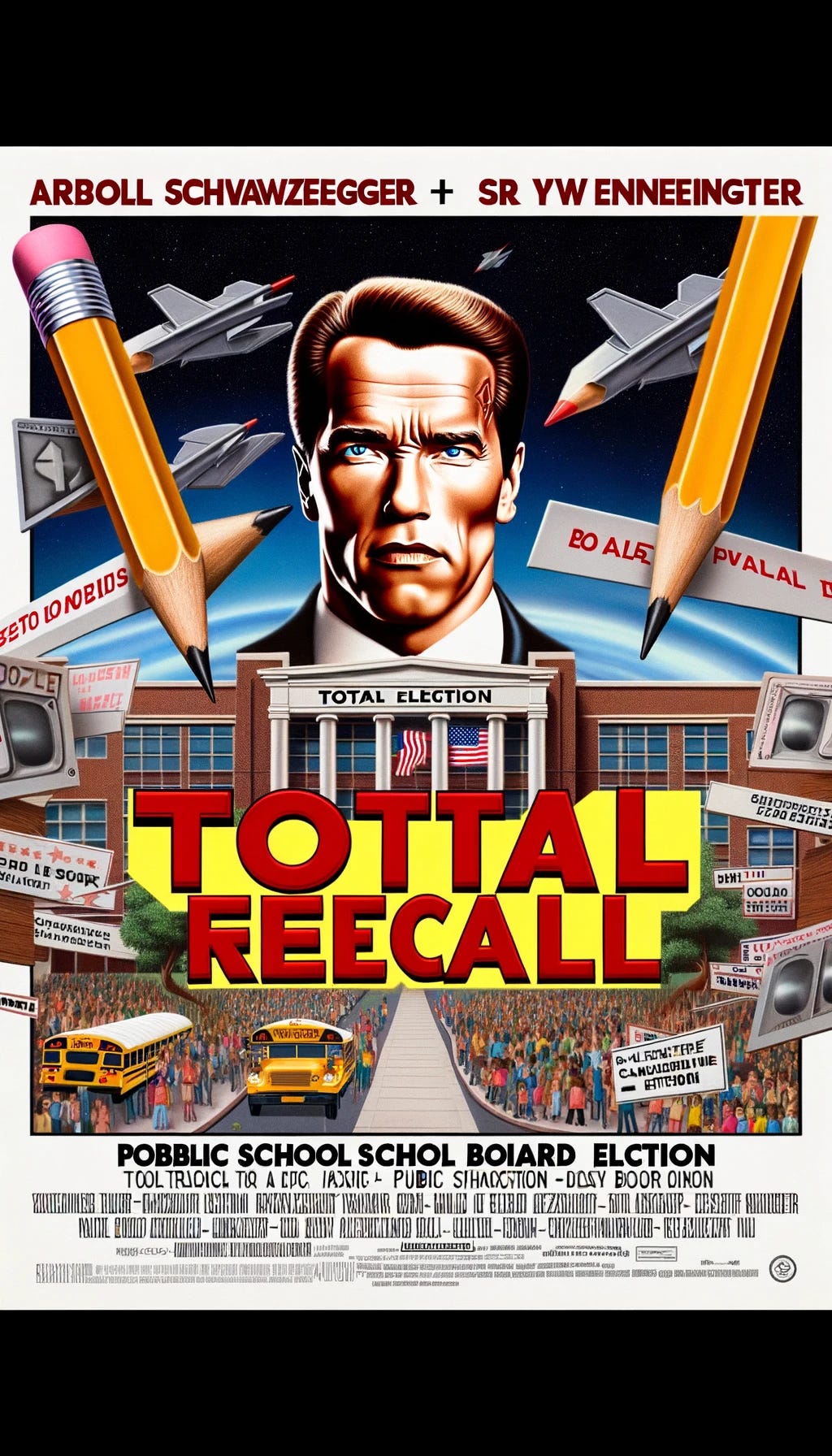Movie poster in the style of 'Total Recall' starring Arnold Schwarzenegger, but reimagined for a public school board election theme. Instead of futuristic elements, the poster features imagery like school buildings, pencils, and ballot boxes. The title 'Total Recall' is replaced with 'Total Election', and the background hints at a school setting.