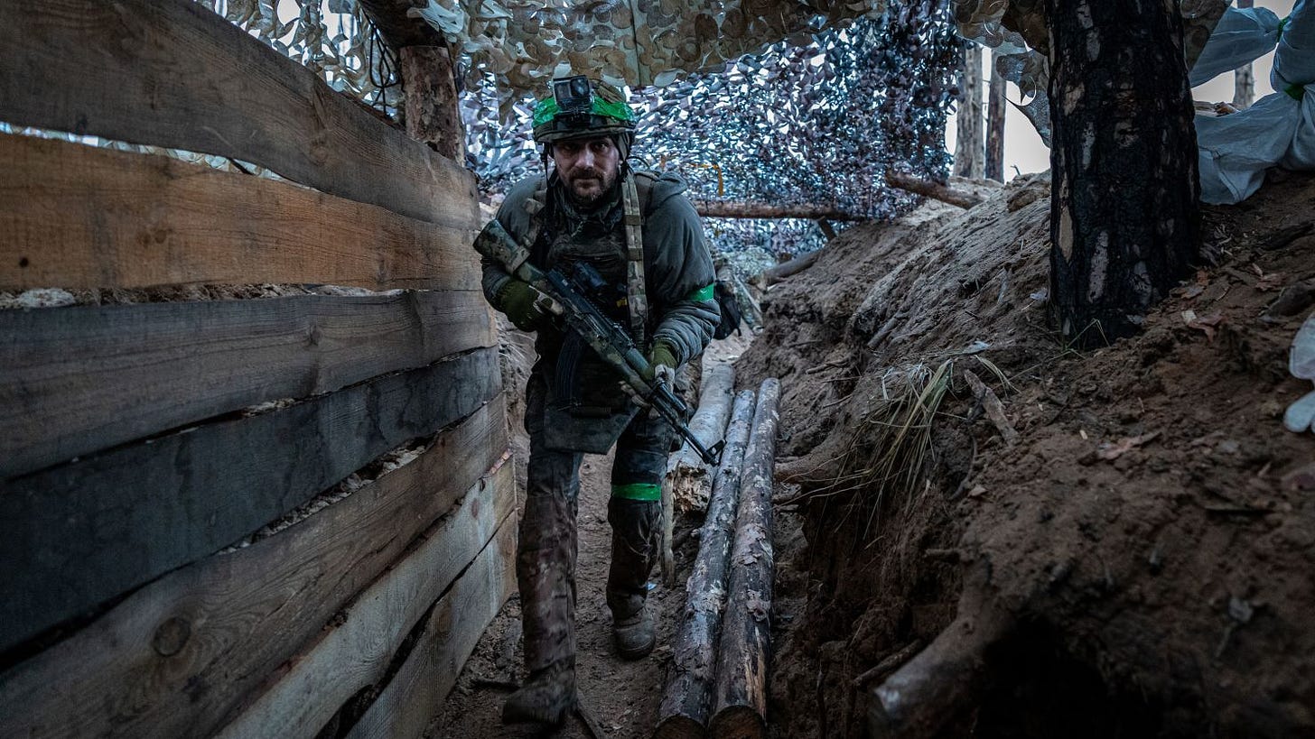 A Ukrainian infantryman in the trenches on the front line, in the Kreminna forest of Luhansk Oblast on January 31, 2024.