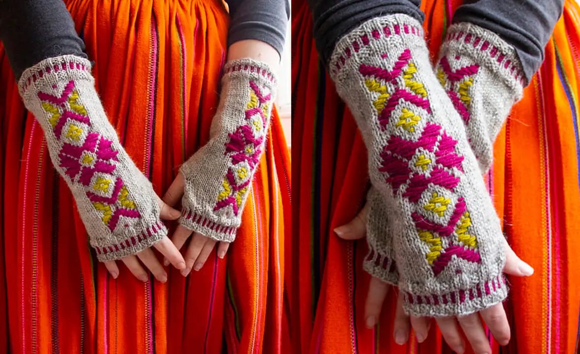 hands wearing grey wristwarmers with pink and yellow roosimine geometric design