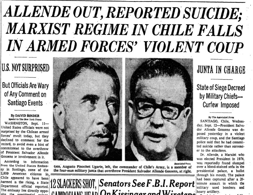 NYT headline of Pinochet coup overthrowing Salvador Allende on Sep 11, 1973