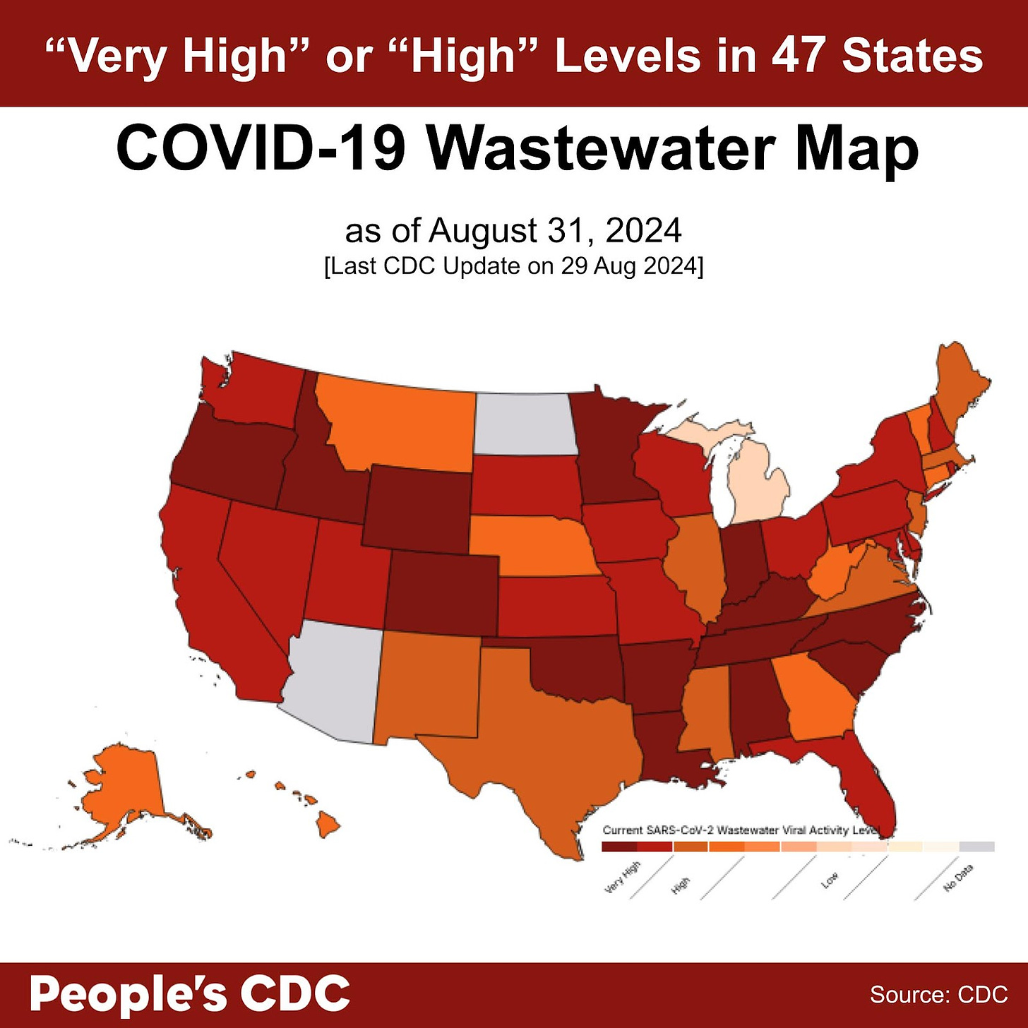 A map of the United States color-coded in shades of maroon, orange, and gray displaying SARS-CoV-2 Wastewater Viral Activity level as of August 31, 2024, where deeper tones correlate to higher viral activity and gray indicates “Insufficient,” or “No Data.” Text above the map reads “Very High” or “High” levels in 47 states. Viral activity is “Low” in one state, Michigan, and data is unavailable for North Dakota, Arizona, Guam, Puerto Rico, and the U.S. Virgin Islands. At the bottom, text reads People’s CDC. Source: CDC.