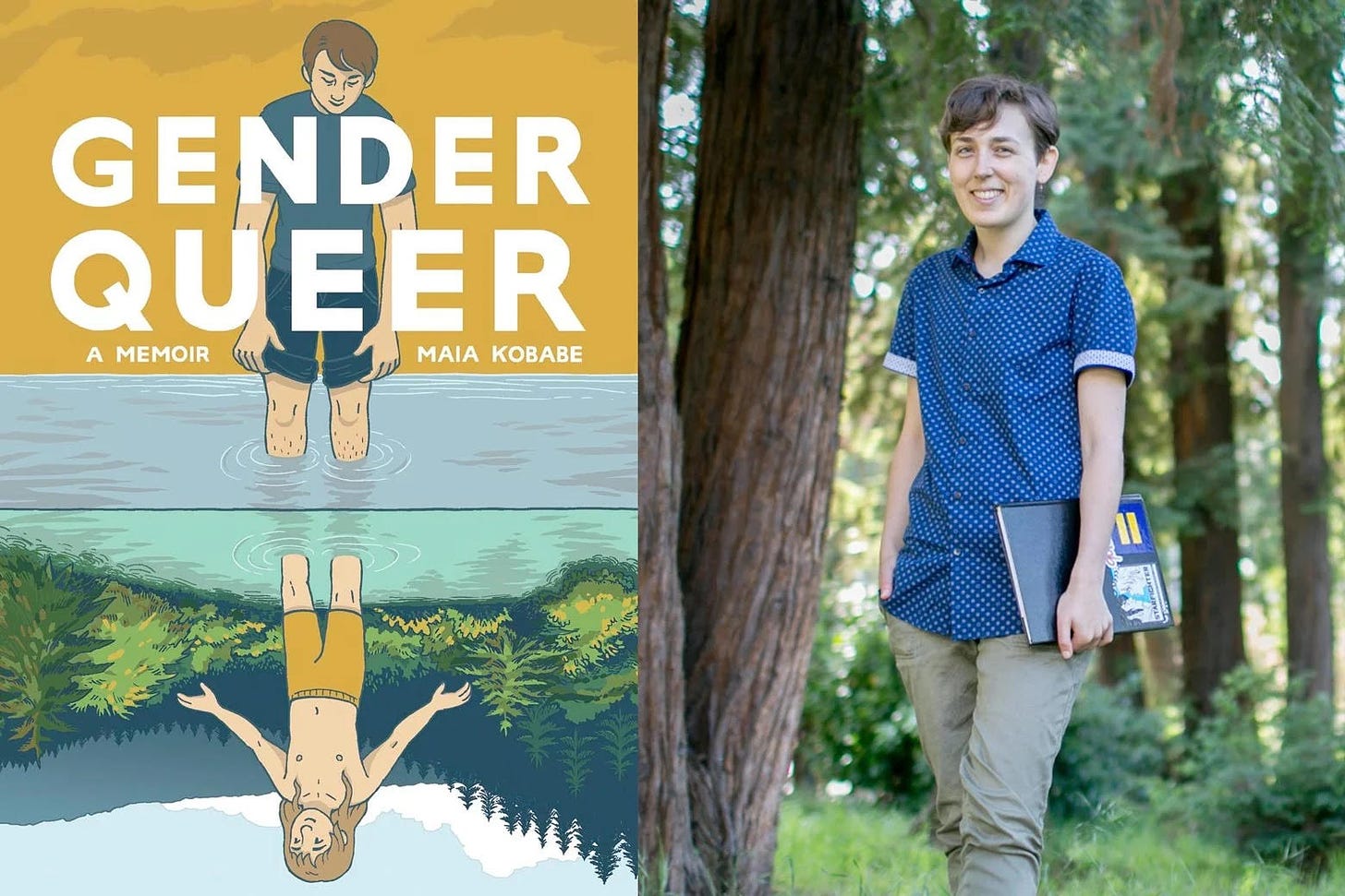 Two photos side by side with the left photo the book cover with two drawings of a person mirroring one another and text reading "Gender Queer, a memoir, Maia Kobabe". The right photo is of Maia Kobabe, the author. They have short brown hair and are wearing a short-sleeved button up that is navy blue with small polka dots, dusty green khakis and a background of trees. 