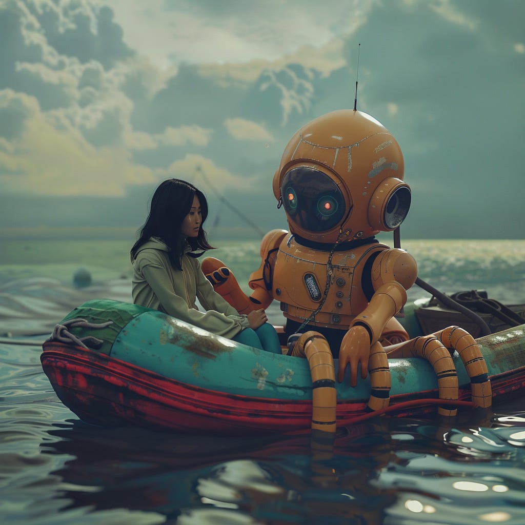 A cute robot looking like an octupus, sitting with a young woman on a boat. Cinematic mood