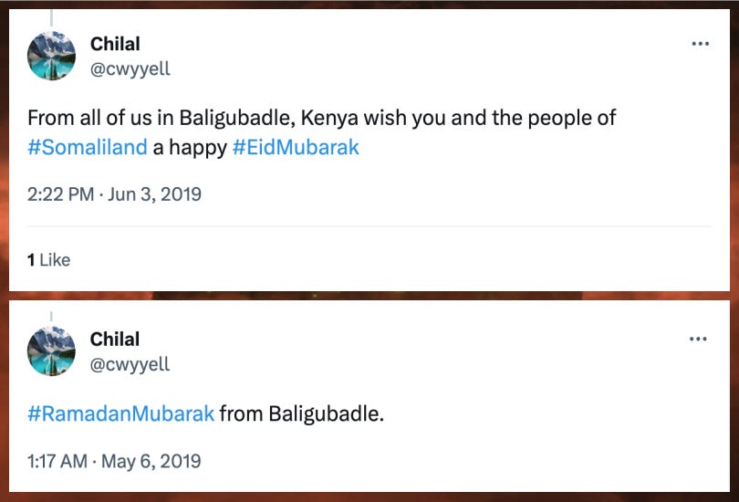 @cwyyell tweets claiming to be currently located in Baligubadle, Somaliland