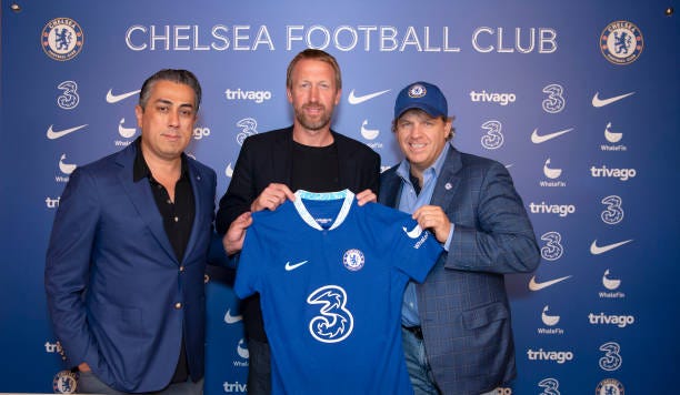 Co Owner Behdad Eghbali, Head Coach Graham Potter and Co Owner and Chairman of Chelsea Todd Boehly of Chelsea at Chelsea Training Ground on September...