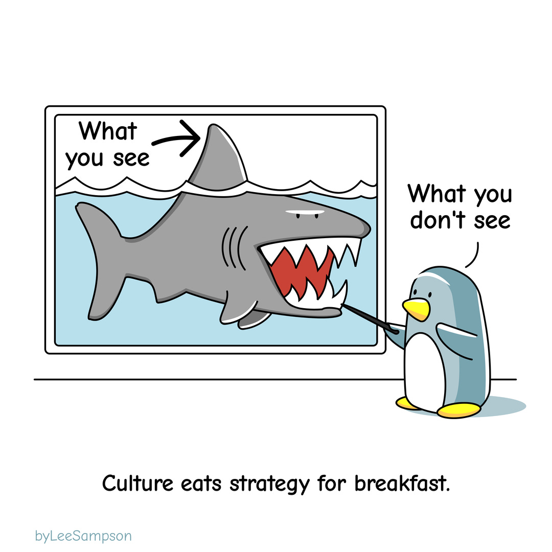 A leadership cartoon discussing culture featuring a penguin and a shark by Lee Sampson.