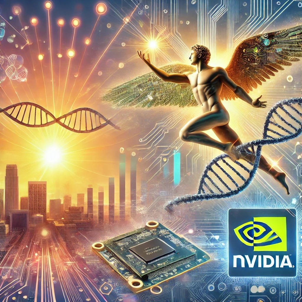 A dynamic and visually engaging title image for an article about innovation, market timing, and business strategy, incorporating elements of Greek mythology, biotech, and AI technology. The image features a modern representation of Icarus flying towards the sun with wings made of circuit boards and DNA strands, symbolizing technology. Below, a futuristic cityscape represents success in innovation, with NVIDIA's AI elements subtly integrated. The colors should be vibrant with a mix of warm and cool tones, capturing both the potential and the risks of innovation.