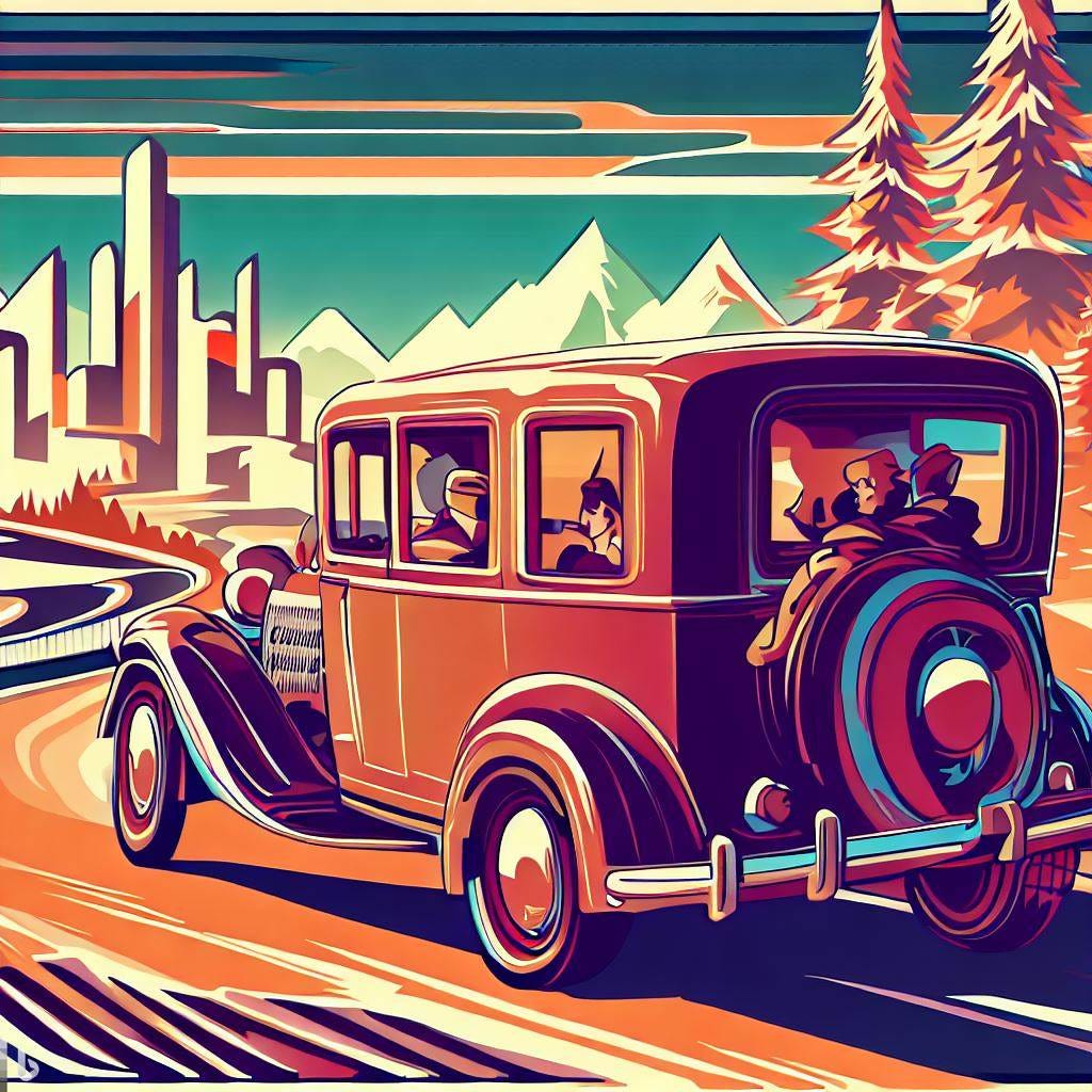 a road trip to canada on a SUV, 1930s style, art deco