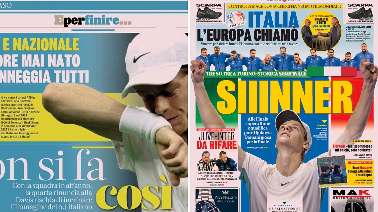 El antes y después de los diarios italianos con Sinner