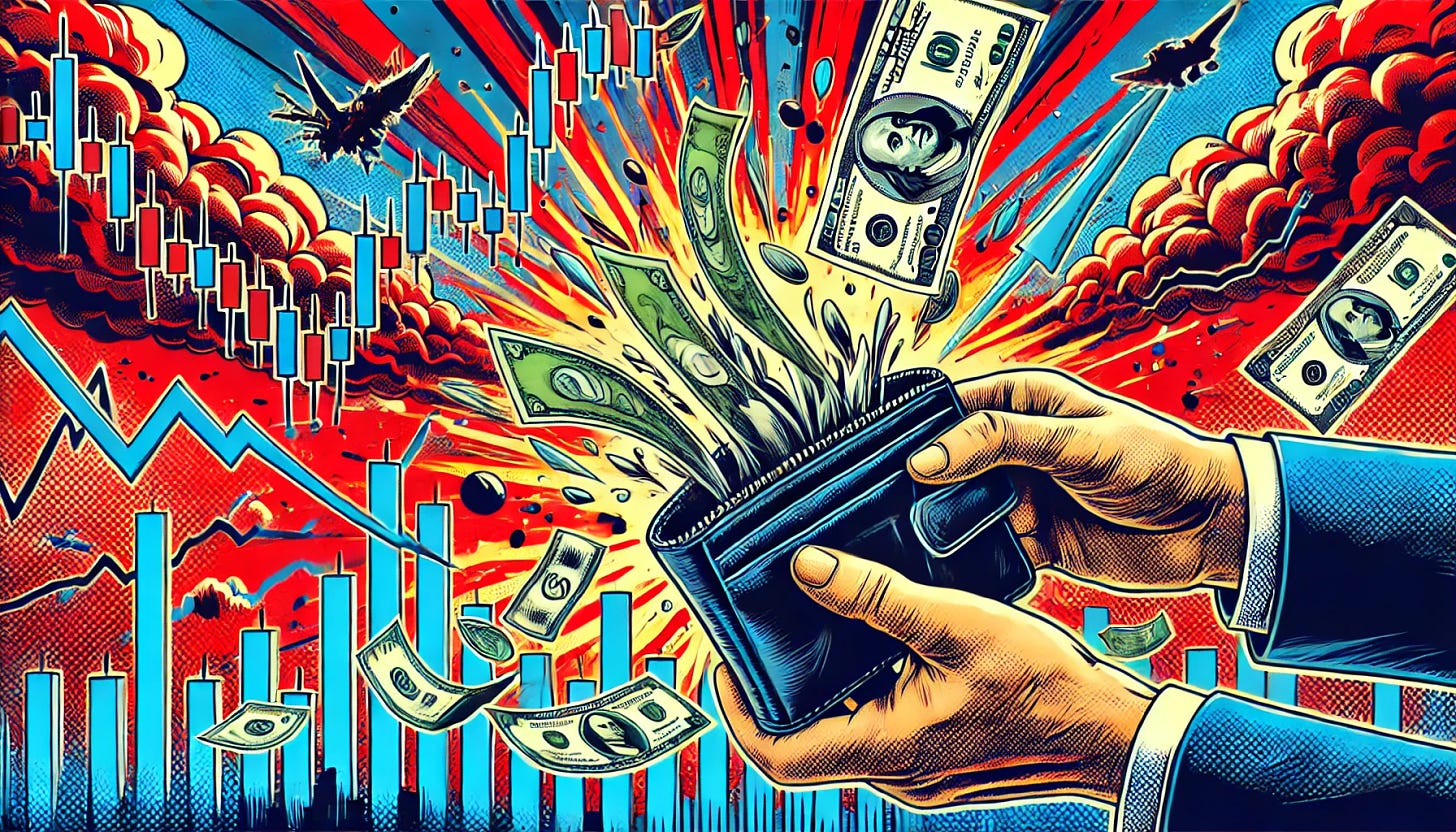 A dramatic pop-art style illustration depicting the economic impact of war on personal finances and investments. The scene shows chaos in the economy with stock market graphs plummeting and money flying out of a wallet, symbolizing the financial consequences of conflict. The style is vibrant and dynamic, capturing the urgency and seriousness of the subject in a visually engaging manner, adhering to the specified resolution of 1920x1080.