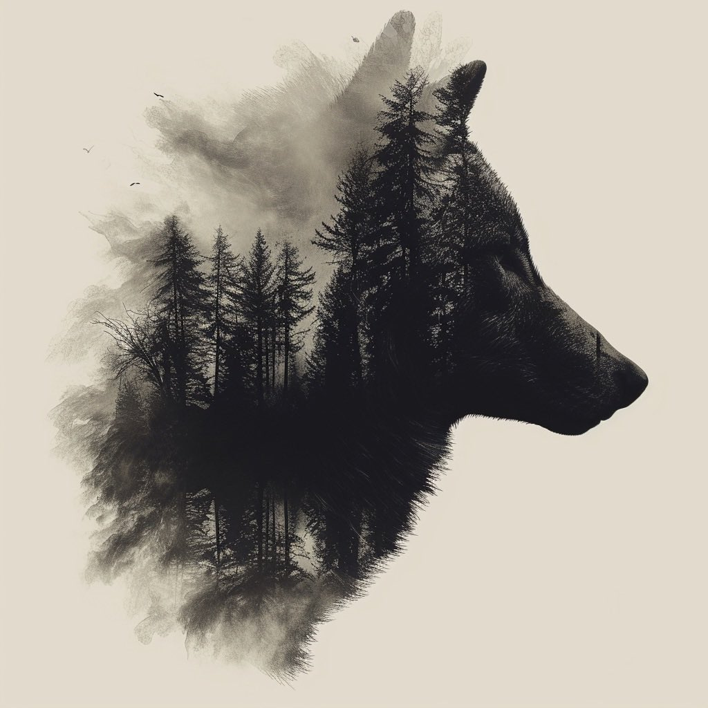 Wolf portrait | Forest | Create unique double exposure images | Combine chosen animal silhouettes with selected scenes or abstract patterns | Focus on a seamless blend to produce a visually striking effect | Portrait --v 6.0