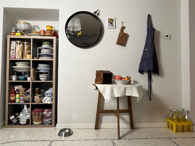 Kitchen with shelves containing jars of pasta and dishes.