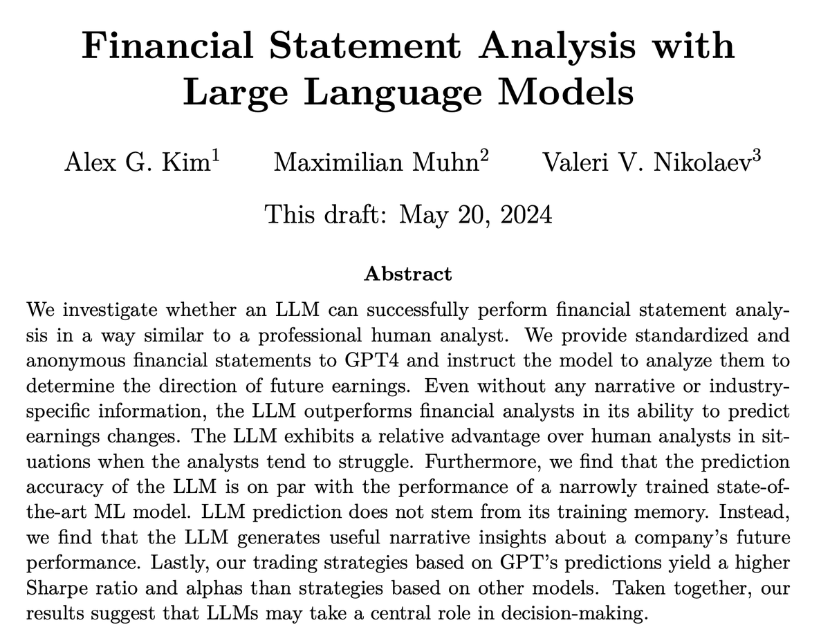 Rui Ma 马睿 on X: "What does everyone think of the LLM outperforms Financial  Analyst paper draft from U of Chicago? It's quite long, so here is the AI  summary: The study "